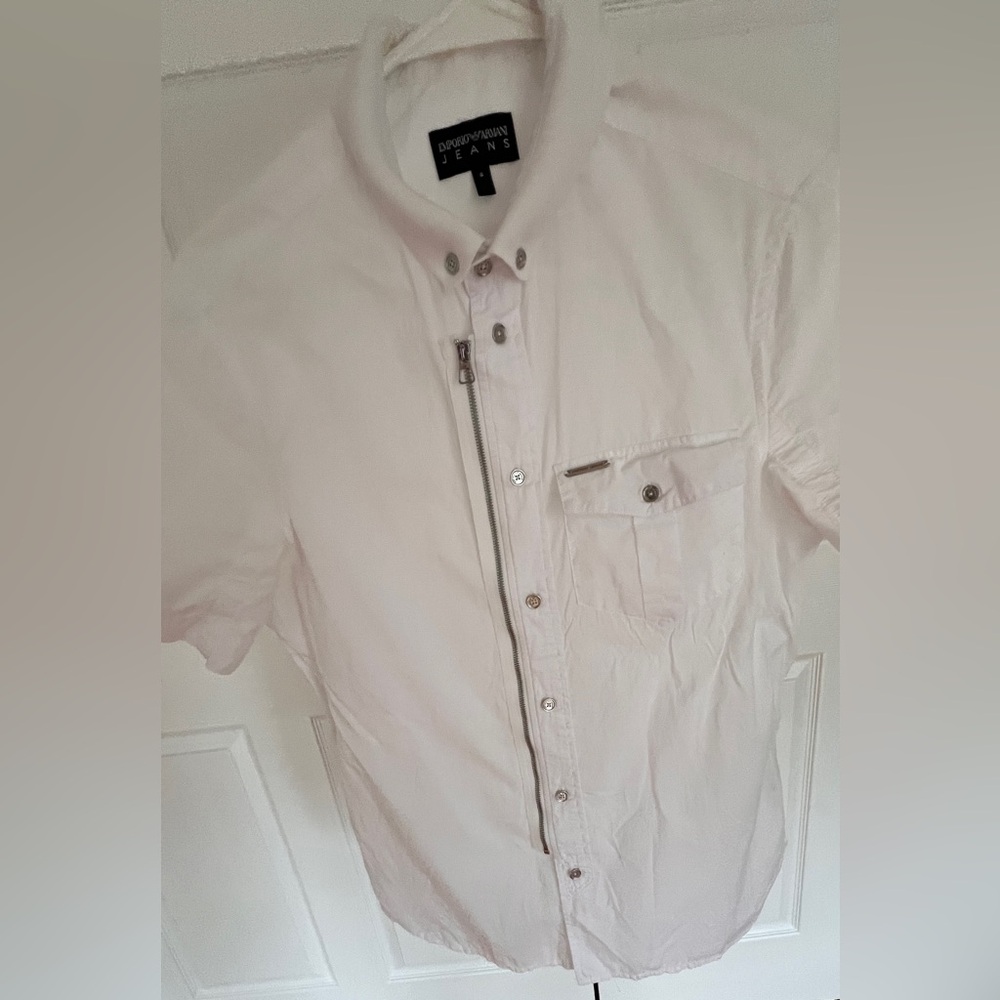 Emporio Armani Jeans White Shirt Button Down zip up cotton Short sleeve men's S - Picture 11 of 11
